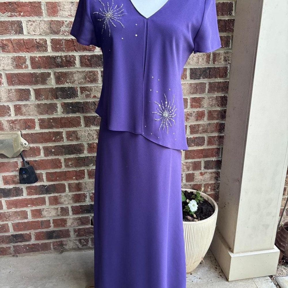 Sweet Memories Evening Collection Purple Beaded Starburst Maxi Dress 8 10020N